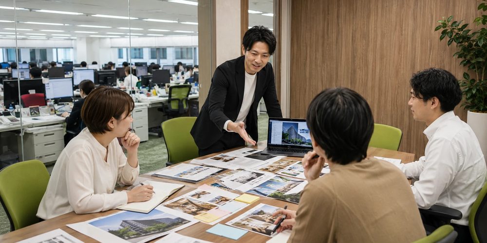 物件写真や販促資料をテーブルに広げ、広告施策を検討する打ち合わせの様子